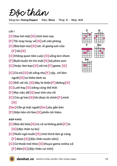 Hợp âm Độc thân (Hoàng Rapper) – bản nhạc PDF trang 1, tông C
