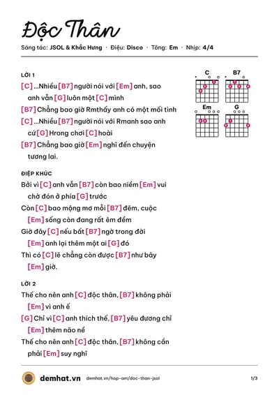 Hợp âm Độc Thân (JSOL) – bản nhạc PDF trang 1, tông Em