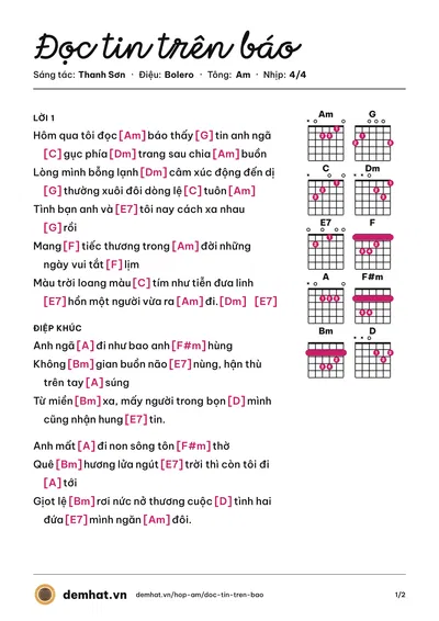 Hợp âm Đọc tin trên báo (Phong Trần Khách) – bản nhạc PDF trang 1, tông Am