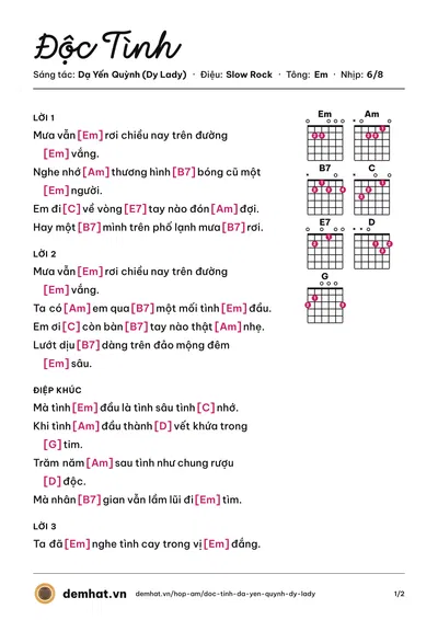 Hợp âm Độc Tình (Dạ Yến Quỳnh (Dy Lady)) – bản nhạc PDF trang 1, tông Em