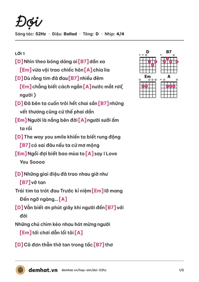 Hợp âm Đợi (52Hz) – bản nhạc PDF trang 1, tông D