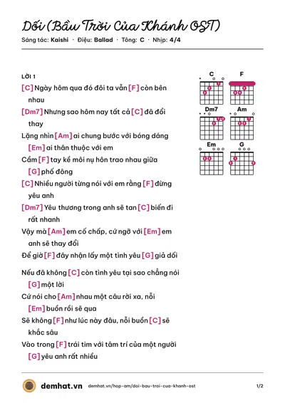 Hợp âm Dối (Bầu Trời Của Khánh OST) (Kaishi) – bản nhạc PDF trang 1, tông C