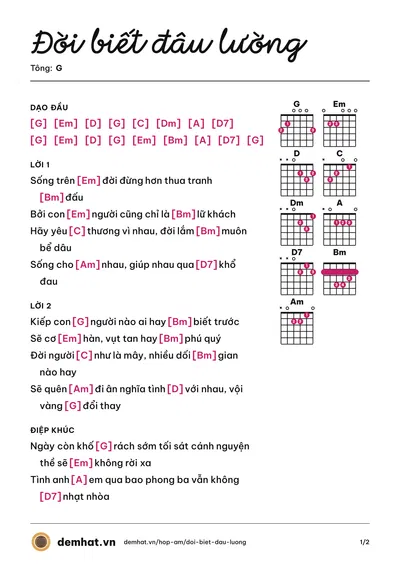 Hợp âm Đời biết đâu lường (Ngọc Ánh Sáng) – bản nhạc PDF trang 1, tông G
