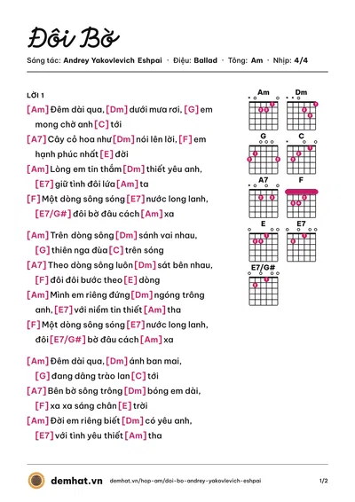 Hợp âm Đôi Bờ (Thảo Vân) – bản nhạc PDF trang 1, tông Am