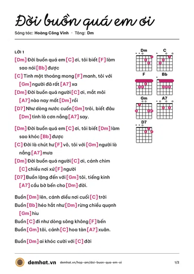 Hợp âm Đời buồn quá em ơi (Dzoãn Minh) – bản nhạc PDF trang 1, tông Dm