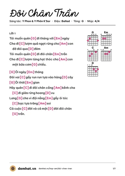 Hợp âm Đôi Chân Trần (Y Moan) – bản nhạc PDF trang 1, tông G