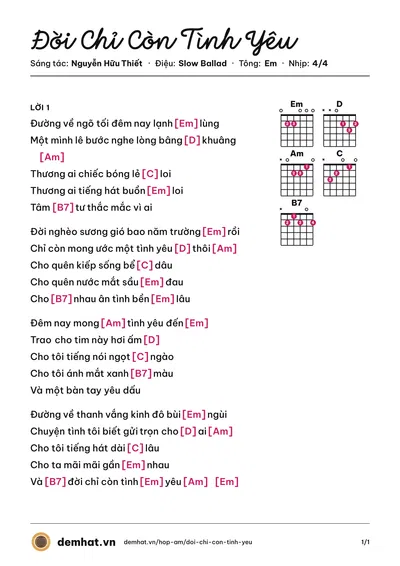Hợp âm Đời Chỉ Còn Tình Yêu (Thanh Tuyền) – bản nhạc PDF trang 1, tông Em