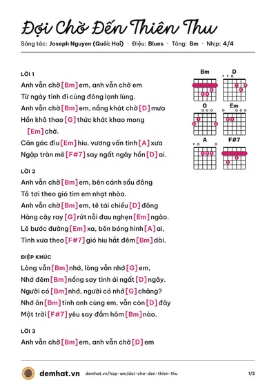 Hợp âm Đợi Chờ Đến Thiên Thu (Lưu Quốc Tuấn) – bản nhạc PDF trang 1, tông Bm