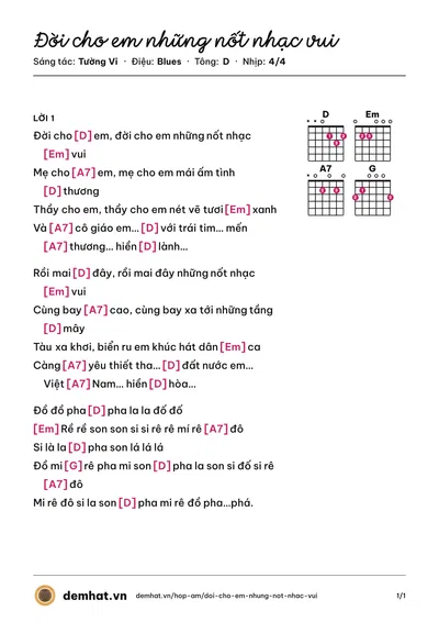 Hợp âm Đời cho em những nốt nhạc vui (Trúc Ly) – bản nhạc PDF trang 1, tông D