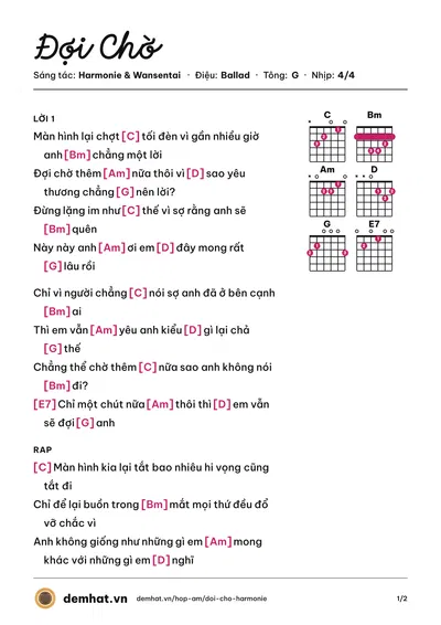 Hợp âm Đợi Chờ (Wansentai) – bản nhạc PDF trang 1, tông G