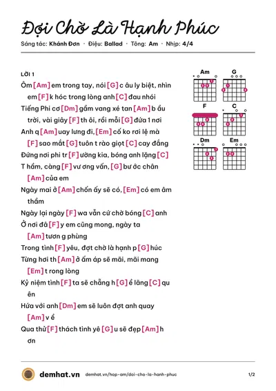 Hợp âm Đợi Chờ Là Hạnh Phúc (Akira Phan) – bản nhạc PDF trang 1, tông Am