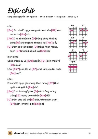 Hợp âm Đợi chờ (Nguyễn Tôn Nghiêm) – bản nhạc PDF trang 1, tông Em