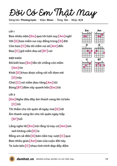 Hợp âm Đời Có Em Thật May (Phương Uyên) – bản nhạc PDF trang 1, tông Em