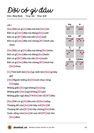 Hợp âm Đời có gì đâu (Mỹ Thể) – bản nhạc PDF trang 1, tông Em