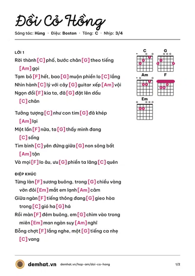 Hợp âm Đồi Cỏ Hồng (Hạ Vy) – bản nhạc PDF trang 1, tông C