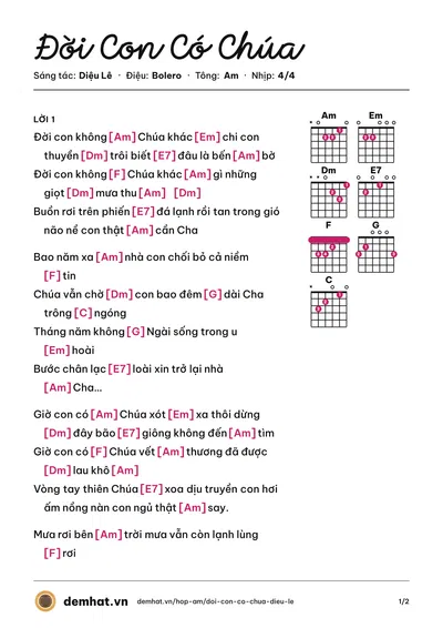 Hợp âm Đời Con Có Chúa (Nguyễn Hoàng Nam) – bản nhạc PDF trang 1, tông Am