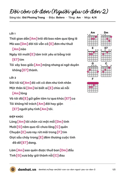 Hợp âm Đời còn cô đơn (Người yêu cô đơn 2) (Trường Vũ) – bản nhạc PDF trang 1, tông Am