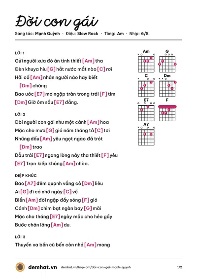 Hợp âm Đời con gái (Hà Thanh Xuân) – bản nhạc PDF trang 1, tông Am