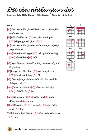 Hợp âm Đời còn nhiều gian dối (Nhật Trường) – bản nhạc PDF trang 1, tông C