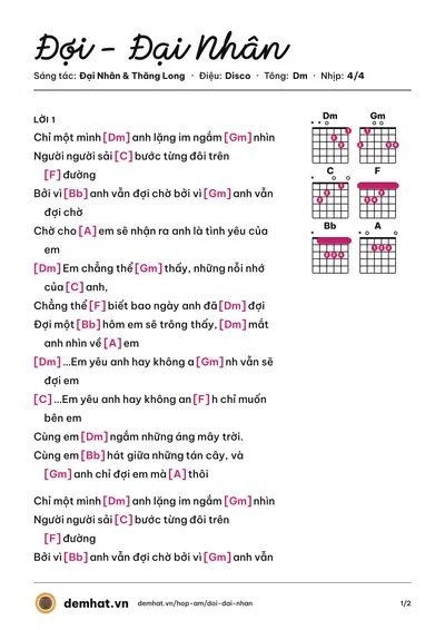 Hợp âm Đợi - Đại Nhân (Đại Nhân) – bản nhạc PDF trang 1, tông Dm