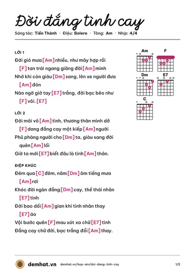 Hợp âm Đời đắng tình cay (Tiến Thành) – bản nhạc PDF trang 1, tông Am