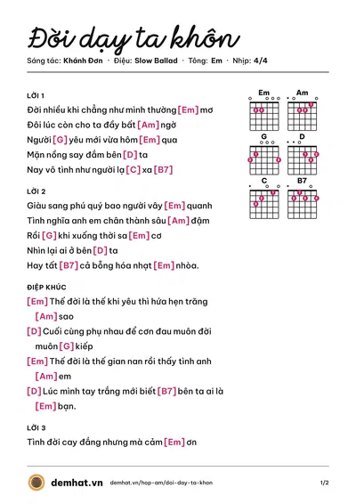 Hợp âm Đời dạy ta khôn (Nhật Kim Anh) – bản nhạc PDF trang 1, tông Em