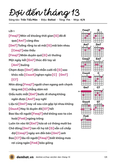 Hợp âm Đợi đến tháng 13 (Vũ Thịnh) – bản nhạc PDF trang 1, tông Fm