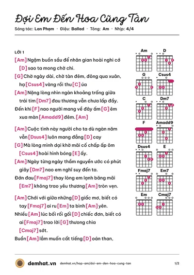 Hợp âm Đợi Em Đến Hoa Cũng Tàn (Đinh Uyên) – bản nhạc PDF trang 1, tông Am