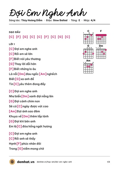 Hợp âm Đợi Em Nghe Anh (Thùy Hoàng Diễm) – bản nhạc PDF trang 1, tông E