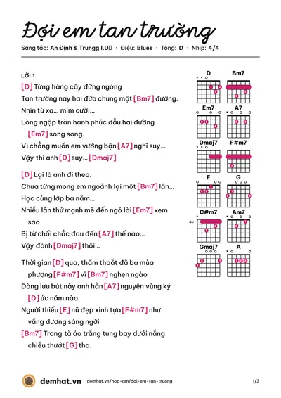 Hợp âm Đợi em tan trường (Trungg I.U​) – bản nhạc PDF trang 1, tông D