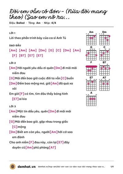 Hợp âm Đời em vẫn cô đơn – (Nửa đời mang theo) (Sao em nỡ ra đi) (Anh Tú) – bản nhạc PDF trang 1, tông Am