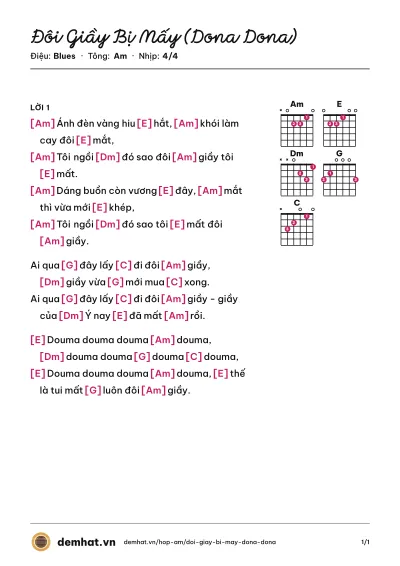 Hợp âm Đôi Giầy Bị Mấy (Dona Dona) (Dưa Leo) – bản nhạc PDF trang 1, tông Am
