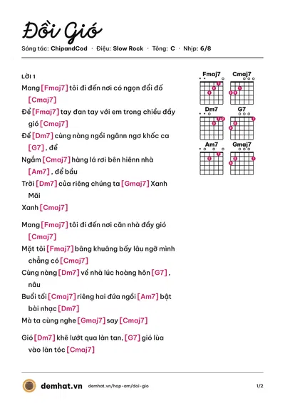 Hợp âm Đồi Gió (ChipandCod) – bản nhạc PDF trang 1, tông C