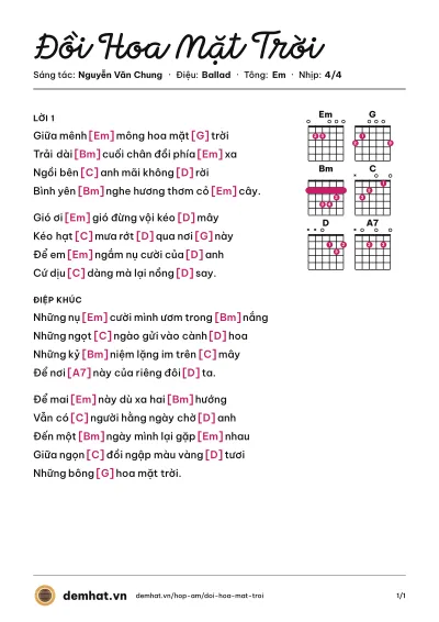 Hợp âm Đồi Hoa Mặt Trời (Huỳnh Nhã Lâm) – bản nhạc PDF trang 1, tông Em