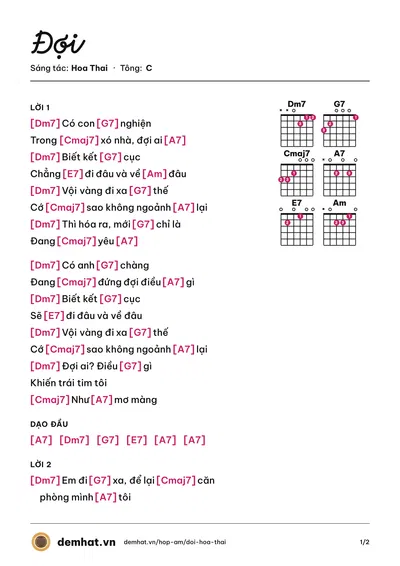 Hợp âm Đợi (Hoa Thai) – bản nhạc PDF trang 1, tông C