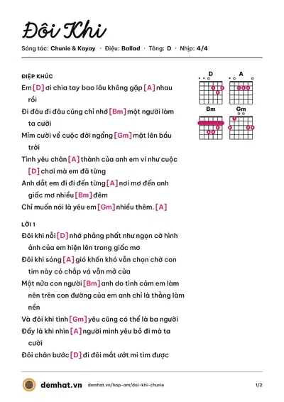 Hợp âm Đôi Khi (Kayay) – bản nhạc PDF trang 1, tông D
