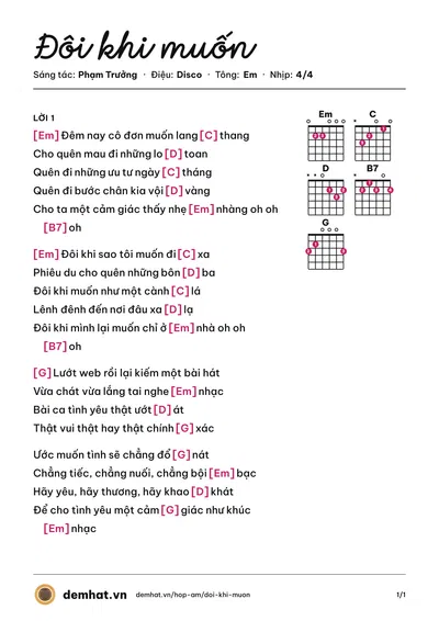 Hợp âm Đôi khi muốn (Phạm Trưởng) – bản nhạc PDF trang 1, tông Em