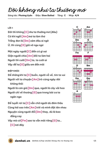 Hợp âm Đời không như ta thường mơ (Phương Uyên) – bản nhạc PDF trang 1, tông C