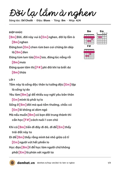Hợp âm Đời lạ lắm à nghen (Dế Choắt) – bản nhạc PDF trang 1, tông Bm