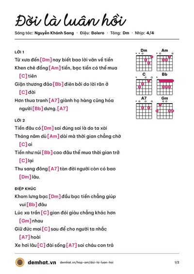 Hợp âm Đời là luân hồi (Nguyễn Khánh Sang) – bản nhạc PDF trang 1, tông Dm