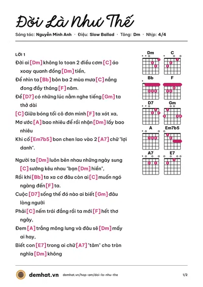 Hợp âm Đời Là Như Thế (Ưng Hoàng Phúc) – bản nhạc PDF trang 1, tông Dm