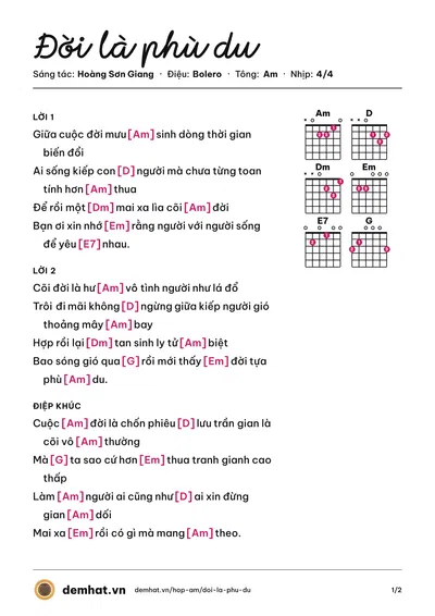 Hợp âm Đời là phù du (Hoàng Sơn Giang) – bản nhạc PDF trang 1, tông Am