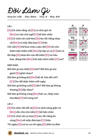 Hợp âm Đời Làm Gì (LOV) – bản nhạc PDF trang 1, tông G