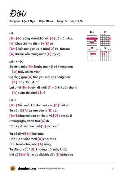 Hợp âm Đời (Lộc) – bản nhạc PDF trang 1, tông D