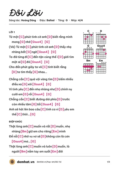 Hợp âm Đôi Lời (Hoàng Dũng) – bản nhạc PDF trang 1, tông G