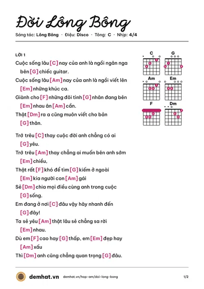 Hợp âm Đời Lông Bông (Lông Bông) – bản nhạc PDF trang 1, tông C