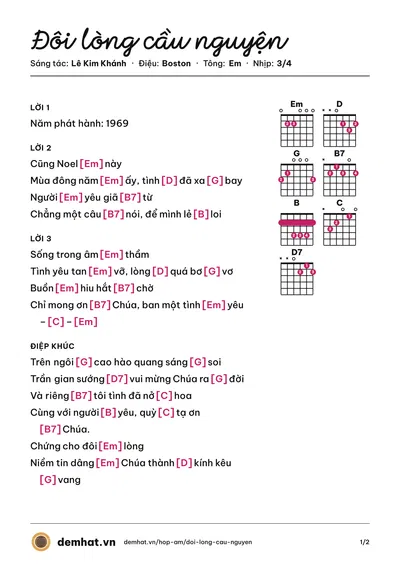 Hợp âm Đôi lòng cầu nguyện (Khánh Ly) – bản nhạc PDF trang 1, tông Em