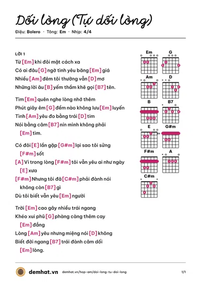 Hợp âm Dối lòng (Tự dối lòng) (Phương Hồng Quế (trước 75)) – bản nhạc PDF trang 1, tông Em