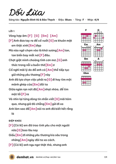 Hợp âm Dối Lừa (Nguyễn Đình Vũ) – bản nhạc PDF trang 1, tông F