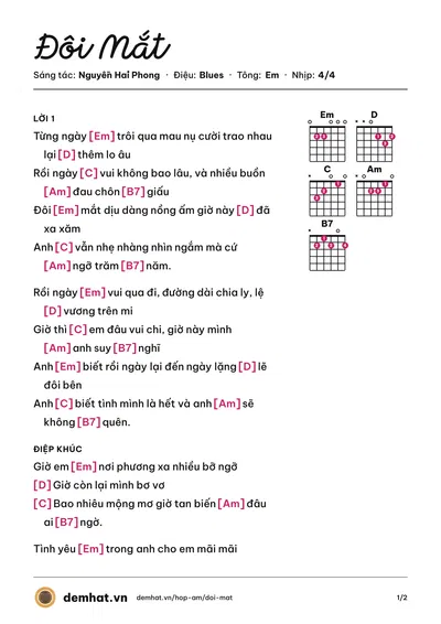 Hợp âm Đôi Mắt (Wanbi Tuấn Anh) – bản nhạc PDF trang 1, tông Em